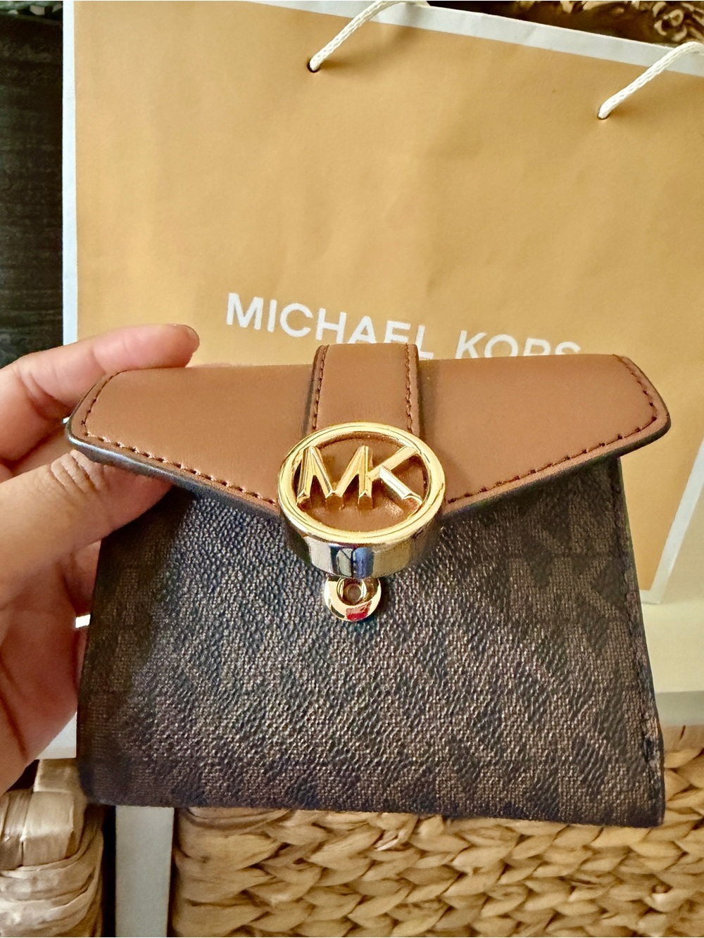 Michael Kors Brown and Tan MK Logo Compact Wallet - Picture 3 of 6